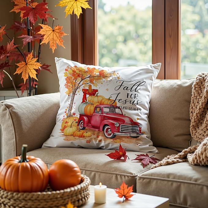 Christian Fall Pillow Covers 18x18, Farmhouse Autumn Decor, Fall for Jesus He Never Leaves Autumn Maple Leaf Pumpkin Pickup Truck Decorative Throw Pillow Covers for Home Bedroom Living Room