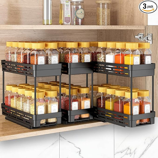 Pull Out Spice Rack Organizer for Cabinet, 3 Packs Slide Out Spice Racks Organizer, Spice Cabinet Organizers, Cabinet Size Need:12'' Highx11'' Deepx5'' Wide,Each Tier Hold 10 Spice Jar - 2 Tier, Black