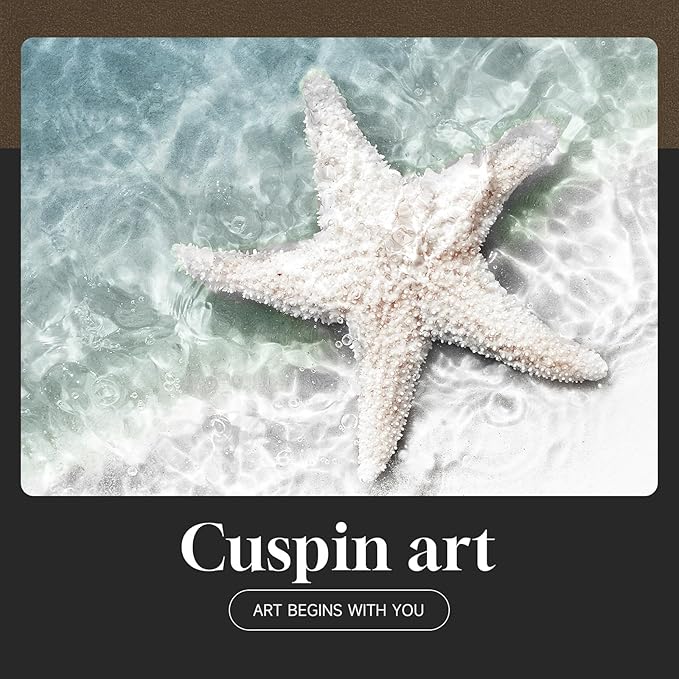 Framed Coastal Wall Art for Living Room, 4 Piece Beach Surf Ocean Artwork for Walls, Large Starfish Reed Seascape Pictures Prints, Beach Coastal Summer Wall Decor for Bedroom Bathroom, Overall 36"x24"