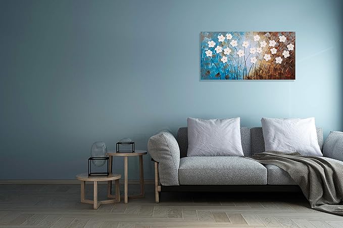 Yihui Arts Flower Painting Hand Painted 3D Brown Light Blue White Canvas Wall Art Giant Contemporary Plant Pictures for Bedroom Living Room Dinning Decoration