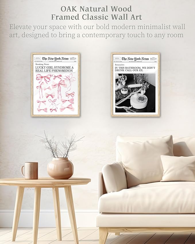 iHery Natural OAK Wood Trendy Retro Newspaper Headline Framed Wall Art, 12x16 in Pink Bow Poster Vintage Canvas Print, Beige Frame Logs Lucky Girly Bathroom Coquette Décor Living Room Set of 1