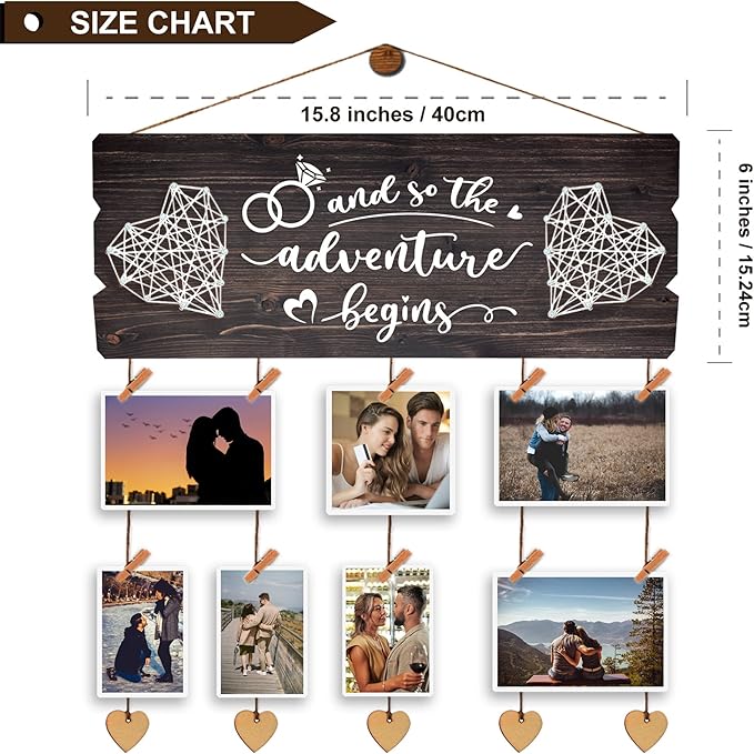 Yudarte Bridal Shower Gift for Bride - Wedding Engagement Gifts for Women Bride to Be - Couples Wall Picture Hanging Collage Board with Clips and Twine 15.8x6.0 Inches