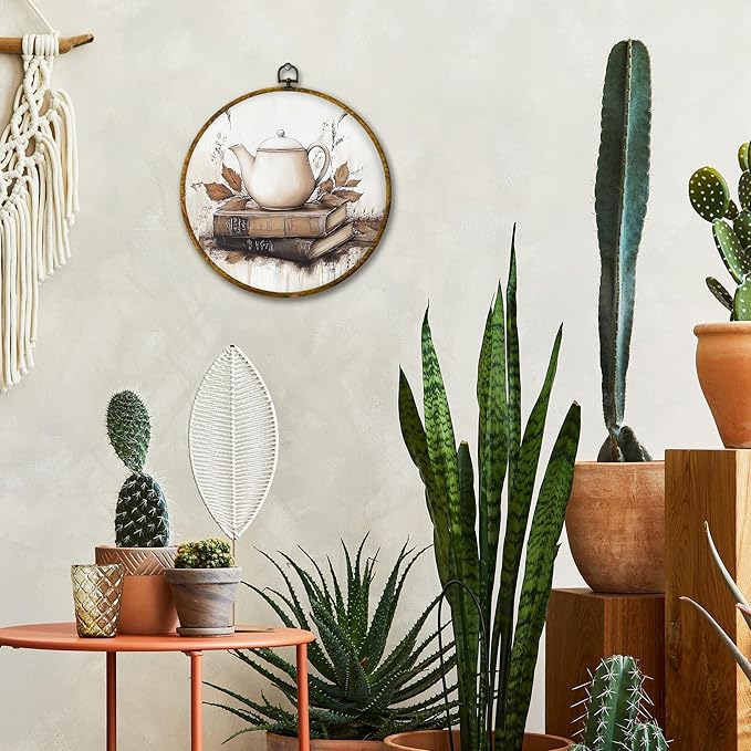 Mcehtle Vintage Fall Wall Art Decor, Rustic Autumn Teapot Books Maple Leaf Framed Canvas Prints 10x10, Cozy Fall Round Wall Hanging Artwork Decorations for Kitchen Bedroom Living Room Home