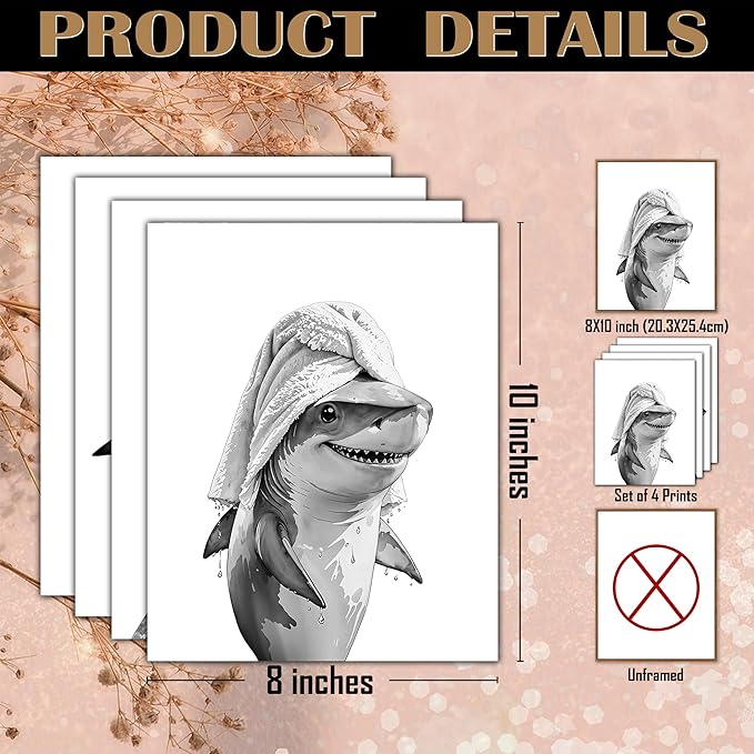 FITIE Funny Shark Bathroom Wall Art Posters Set of 4, Ocean Shark Bathroom Decor, Coastal Beach Humorous Sea Animal Sharks Canvas Prints Artwork Wall Decor for Bath Wash Room, 8x10 Unframed
