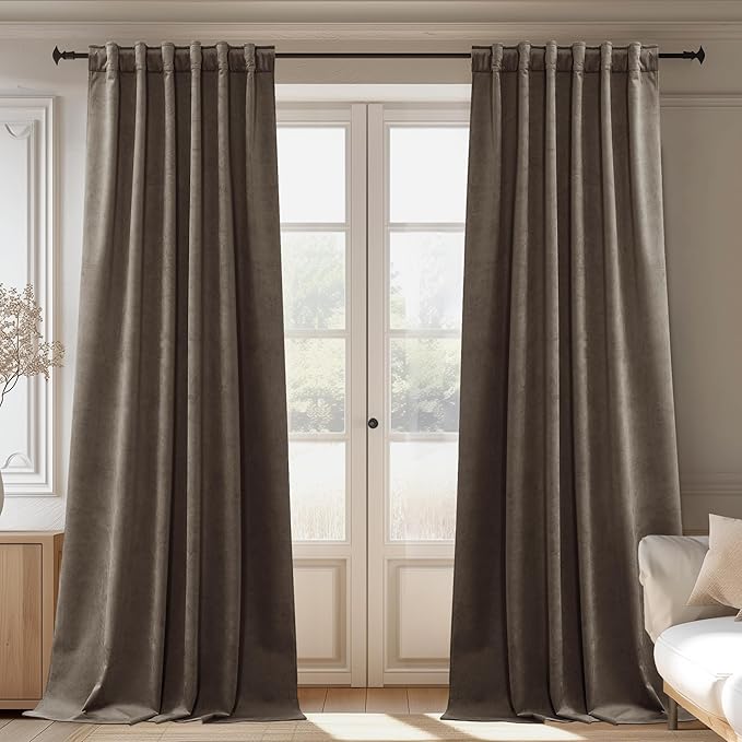 StangH 100% Blackout Velvet Curtains 84 inches Set of 2 Panels Back Tab Hook Belt Taupe Drapes Heavy Thick Thermal Insulated Privacy Panels for Doorway Living Room Bedroom, W52 x L84
