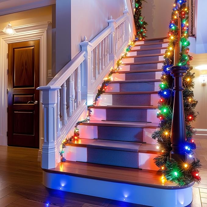 TW SHINE 30 FT Pre-Lit Christmas Garland Decorations, 100 LED Lighted Artificial Pine Garlands with 8 Modes, Green Garland for Indoor Outdoor Door Home Stairs Holiday Decor, Multi-Colored