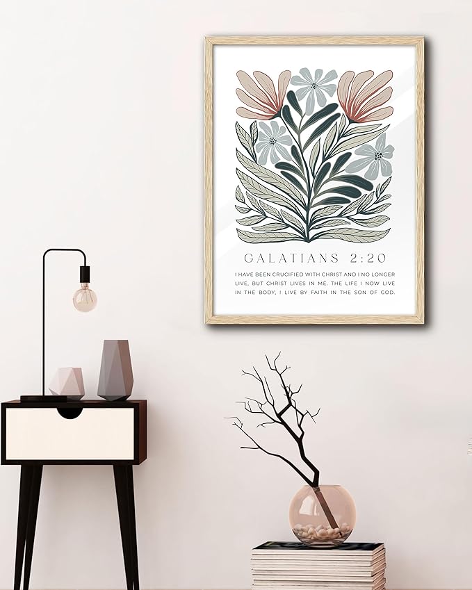 EcoHest Bible Verse Floral Framed Wall Art, Large 16x20 in OAK Wood Boho Abstract Flowers Canvas Wall Art, Galatians 2:20 Home Decor, Beige Logs Boho Christian Set of 1 for Bedroom Living Room