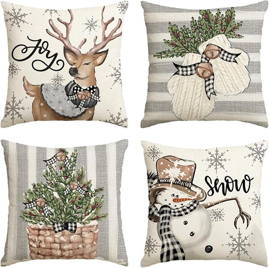AVOIN colorlife Christmas Snowman Reindeer Gloves Eucalyptus Throw Pillow Covers, 16 x 16 Inch Winter Holiday Stripes Cushion Case Decoration for Sofa Couch Set of 4