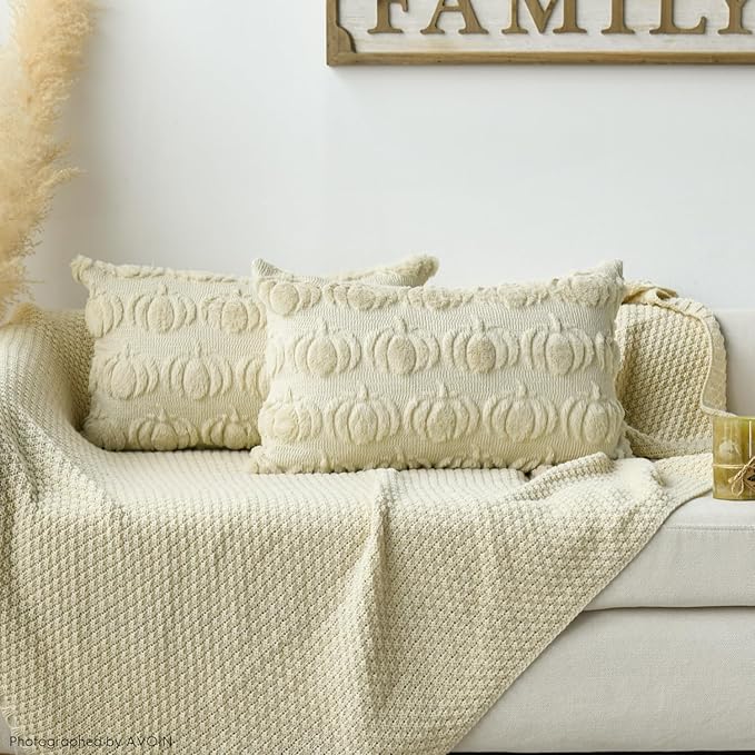 AVOIN colorlife Fall Pumpkin Beige Throw Pillow Covers, 12 x 20 Inch Seasonal Autumn Thanksgiving Harvest Decoration Soft Plush Faux Fur Jacquard Cushion Case Decoration for Sofa Couch Set of 2