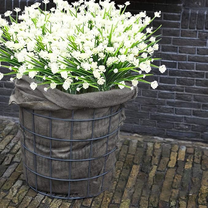 TURNMEON 20 Bundles Artificial Flowers for Outdoors Fake Plants Summer Decor, UV Resistant Artificial Plants Cemetery Fake Flowers Faux Plastic Greenery Shrub for Home Porch Decor 580 Heads(White)