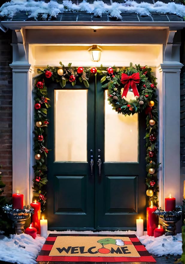 2 Pcs Christmas Welcome Door Mat Lime Green Hand Outdoor Welcome Mats for Front Door Non Slip Xmas Coir Floor Mat Black White Checked Christmas Rug for Outside Front Porch Entryway Decor