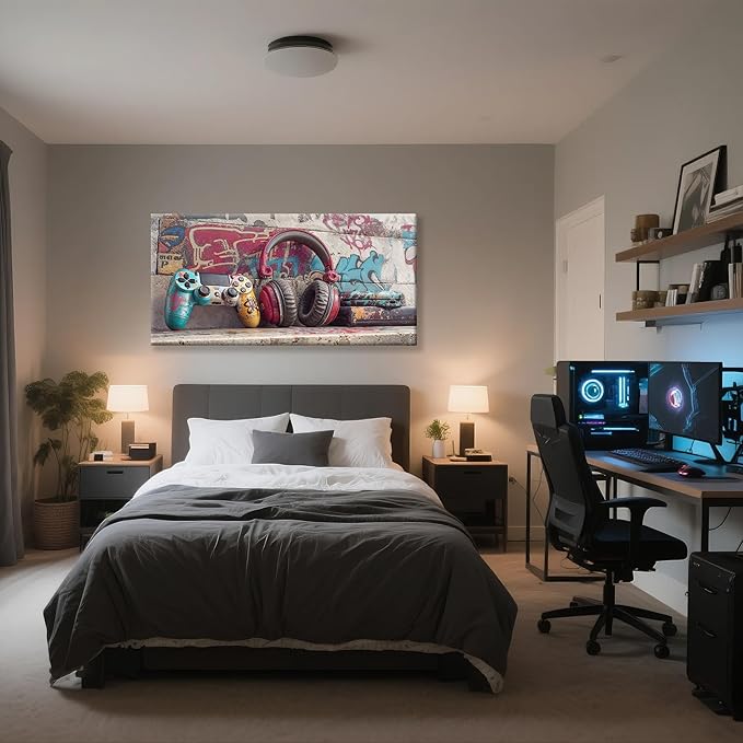 Cool Gaming Wall Art Retro Video Game Watercolor Posters Print Artwork Colorful Neon Gamepad Canvas Art Wall Decor Painting Picture For Bedroom Game Room For Boys Home Wall Decor 24 X 48 In