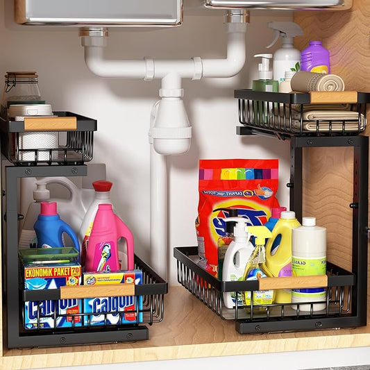 Under Sink Organizer Storage 2 Pack, 2 Tier Slide Out Height Adjustable Pull Out Cabinet Organizer Drawer for Kitchen Bathroom Large Under Sink Shelf Rack Caddy for Pantry, Black