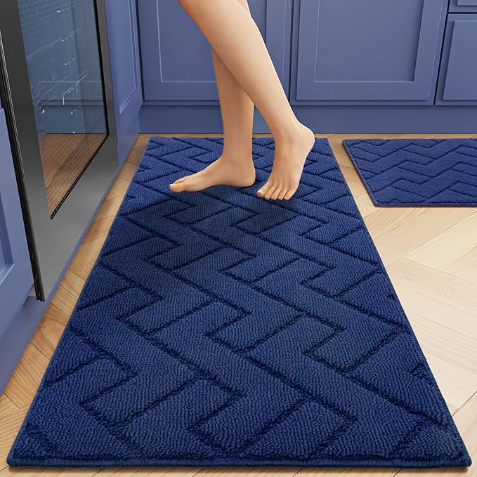 hicorfe Kitchen Rugs and Mats Sets,2 Pieces Super Absorbent Polypropylene Non-Slip Rug,Soft Comfort Floor Mat,Washable for Kitchen,Hallway,Office,Sink,Laundry(20" x 31.5"+20" x 48",Navy Blue)