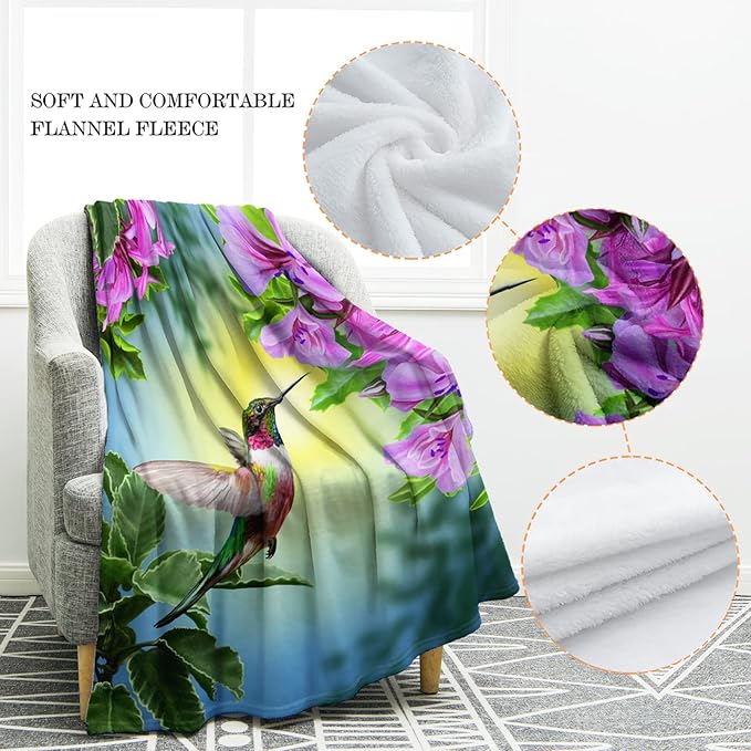 Jekeno Hummingbird Floral Blanket Gifts for Women Kids Girls Pink Flowers Bird Home Bedroom Decor Soft Cozy Lightweight Plush Throw Blanket 60"x80"