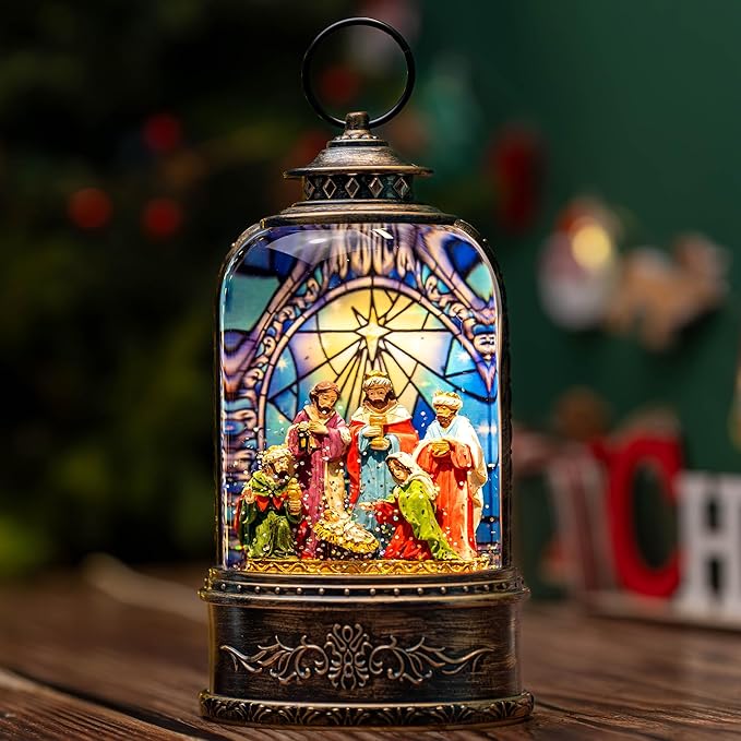 Christmas Snow Globe Swirling Glittering Nativity Scene with Music, USB Lined/Battery Operated Lighted Water Lantern for Christmas Festival Decoration Gifts