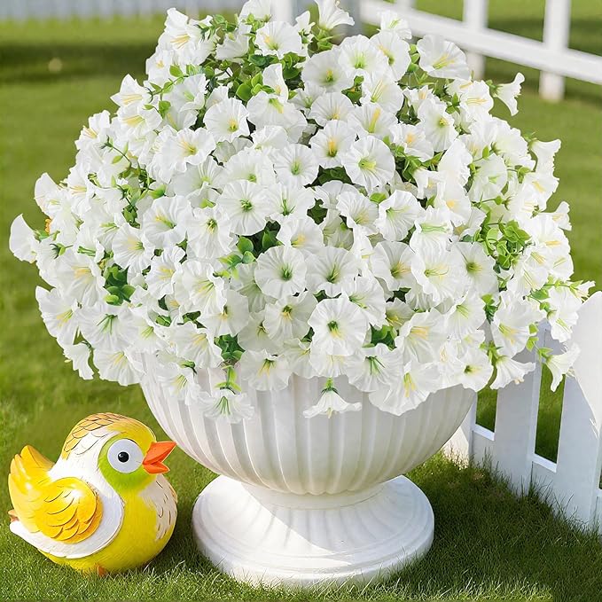 12PCS Artificial Flowers for Outdoor Decorations, Realistic Faux White Silk Petunia Flowers for Outside, Fake Plants Morning Glory with Eucalyptus Porch Patio Planters Window Boxes Decor