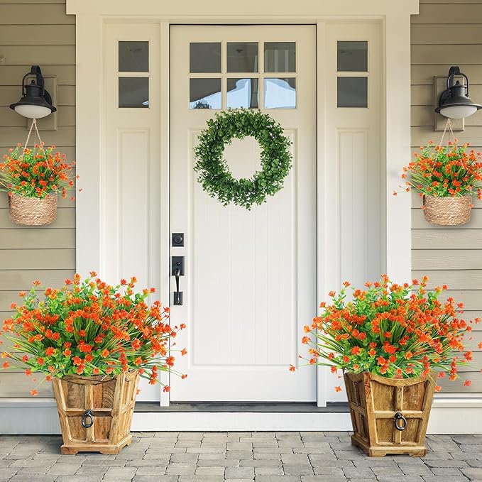 Sggvecsy Artificial Fall Flowers for Outdoors 12 Bundles UV Resistant Boxwood Shrubs Fake Plants for Autumn Harvest Thanksgiving Farmhouse Garden Home Indoor Outdoor Decoration(Orange)