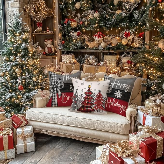 GEEORY Christmas Throw Pillow Covers 16x16 Inch Set of 4, Xmas Trees Merry and Bright Happy Holidays Farmhouse Decorative Cushion Cases for Home Decoration G632-16