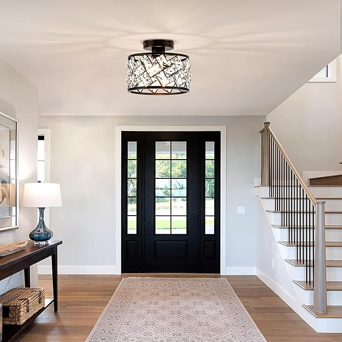 Crystal Ceiling Light Fixture, Modern Semi Flush Mount Ceiling Light,Crystal Chandelier for Kitchen Bedroom Bathroom Entryway, Black Finish