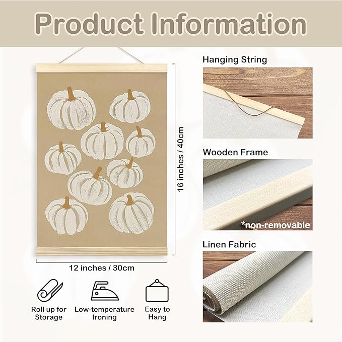 TLESKE Beige and White Pumpkins Poster Hanger Frame, Cute Fall Autumn Farmhouse Hanging Wall Art Room Decor Framed for Living Room Bedroom, Thanksgiving Decorations Prints Pictures Artwork, 12x16