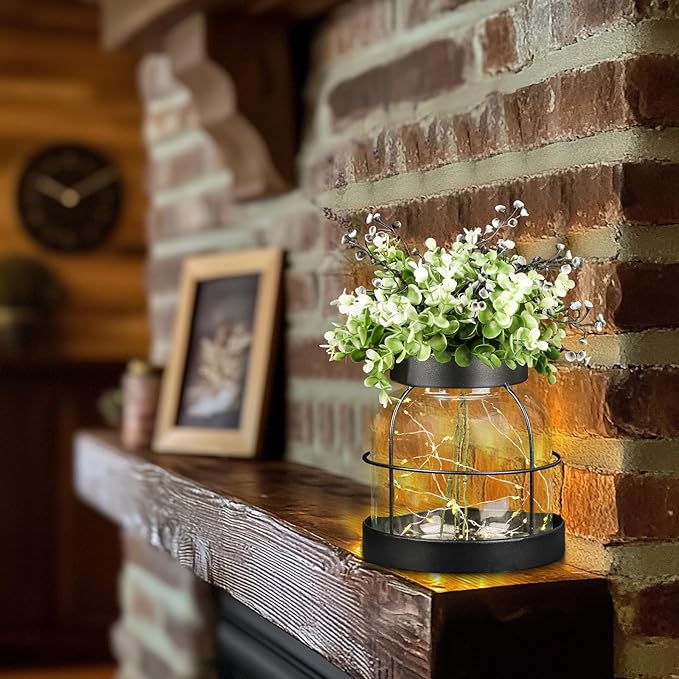 Farmhouse Rustic Vintage Primitive Glass Vases Lantern with Lights Green Artificial Eucalyptus Plants Home Decor Centerpiece for Coffee Office Dining Table Shelf Desk Counter Kitchen Bathroom, Black