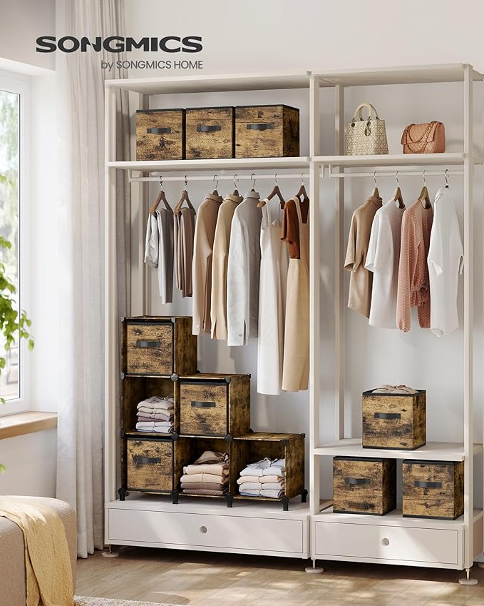 SONGMICS Cube Storage Organizer with Storage Boxes, Set of 6-Cube Organizer, 6 Collapsible Non-Woven Fabric Bins, Customizable, Space-Saving, Bedroom, Rustic Brown ULPC062K01