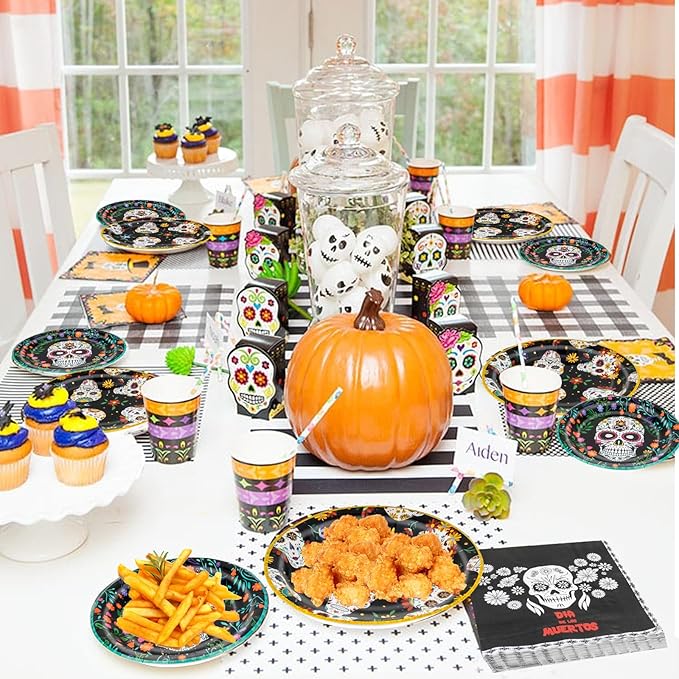 180Pcs Day of the Dead Party Supplies Paper Plates and Napkins Serve 60 Disposable Tableware Set for Birthday Party Decorations Game Day Family School Holiday Sports Events