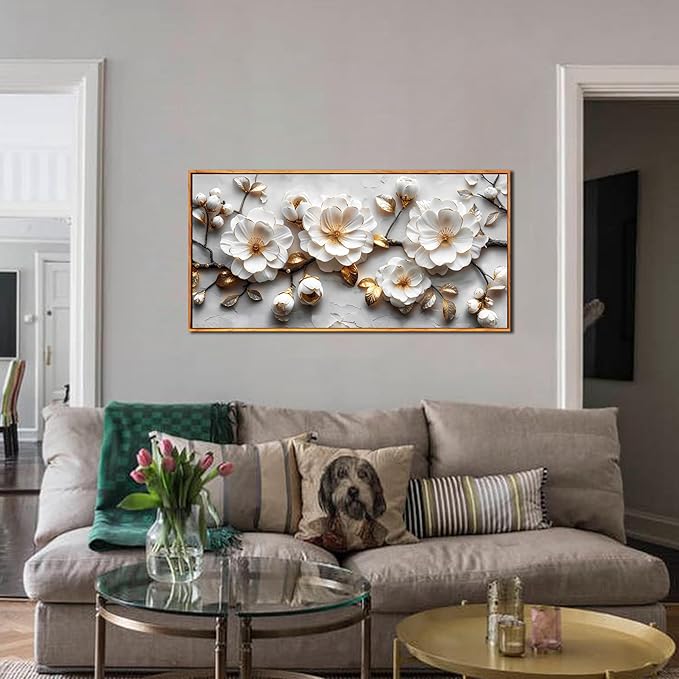 Ouzzlie Floral Wall Decorations White Pictures Modern Framed Poster Wall Art Gold Wall Decor Big Artwork 29"x 59"