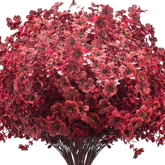 16 Bundles Artificial Boxwood Flowers Outdoor UV Resistant, 13.5" Fall Faux Greenery for Porch Planters Thanksgiving Decor - Fake Plants for Garden, Fireplace, Front Door(Wine Red)