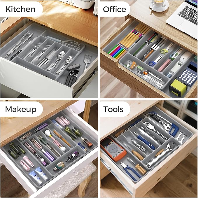 Extra Large Expandable Silverware Organizer, BPA-Free Food-Safe Cutlery Flatware Organizer, Kitchen Utensil Drawer Organizer, Adjustable Silverware Holder for Spoons Forks Knives, Gray