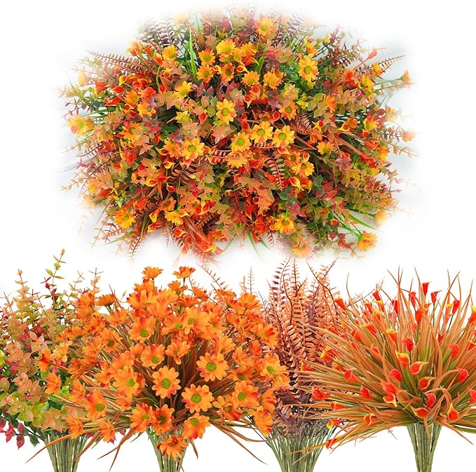 64 Pcs Artificial Fall Flowers - UV Resistant Fake Mums Outdoor Faux Plants for Home Garden Patio Porch Window Box Thanksgiving Decor