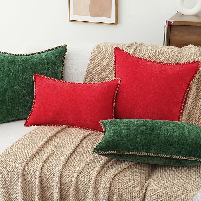 decorUhome Christmas Chenille Soft Throw Pillow Covers 20x20 Set of 2, Farmhouse Velvet Neutral Decorative Euro Pillow Covers with Stitched Edge for Couch Sofa Bed Home Decor, Red