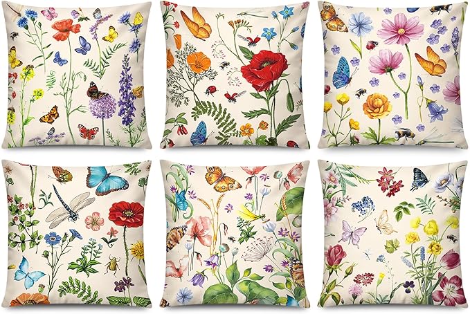 COMMINY Red Pink Flower Pillow Cover 18x18 Set of 6 Summer Throw Pillow Covers Colorful Floral Cushion Covers for Couch Sofa Living Room Home Decor