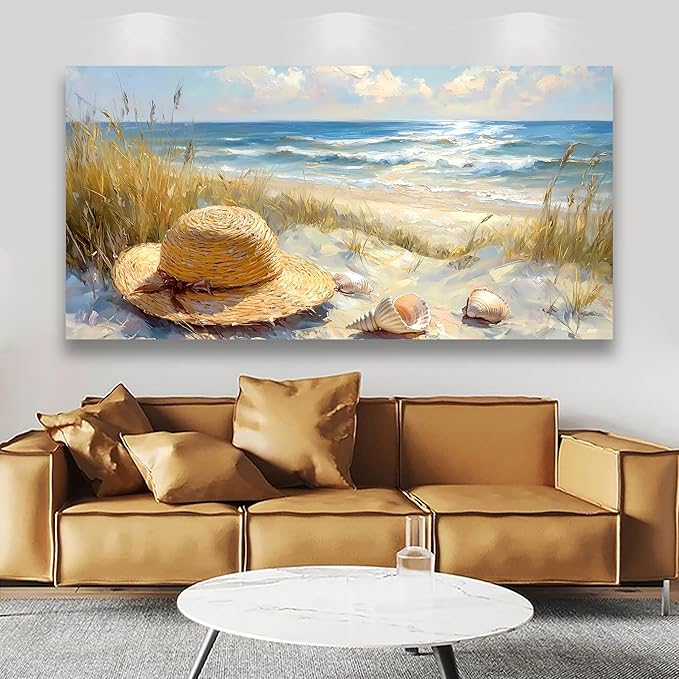 Beach Straw Hat Picture Printed Canvas Wall Art for Living Room, Office, Bedroom Wall Decor, Sea Landscape Wall Art Prints Modern Blue Yellow Landscape Artwork Waterproof Ready to Hang - 20x40 inches