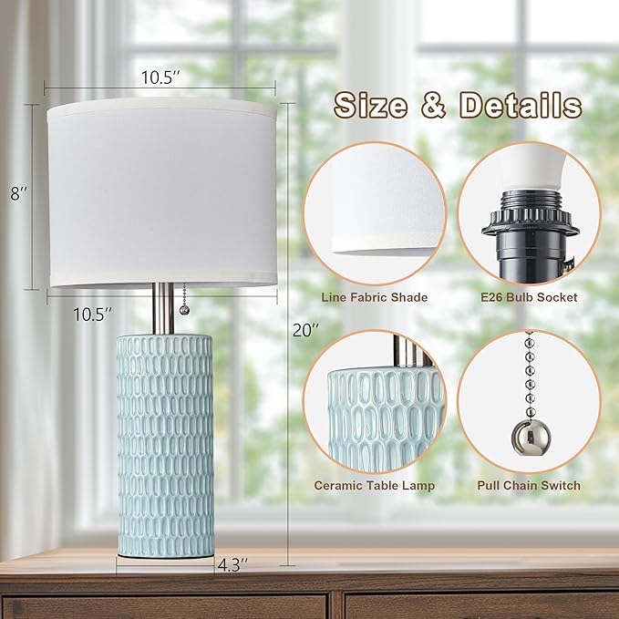Table Lamps for Living Room Set of 2, Ceramic Table Lamps for Bedroom, 20" Modern Lamps for Night Stands, Blue