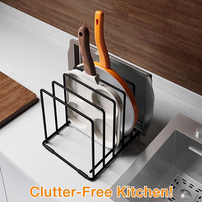 Space-Saving Kitchen Organizer Rack - 5-Slot Heavy-Duty Cutting Board and Bakeware Holder, Rust-Resistant with Anti-Slip Feet for Countertop or Cabinet Storage - 2 pack