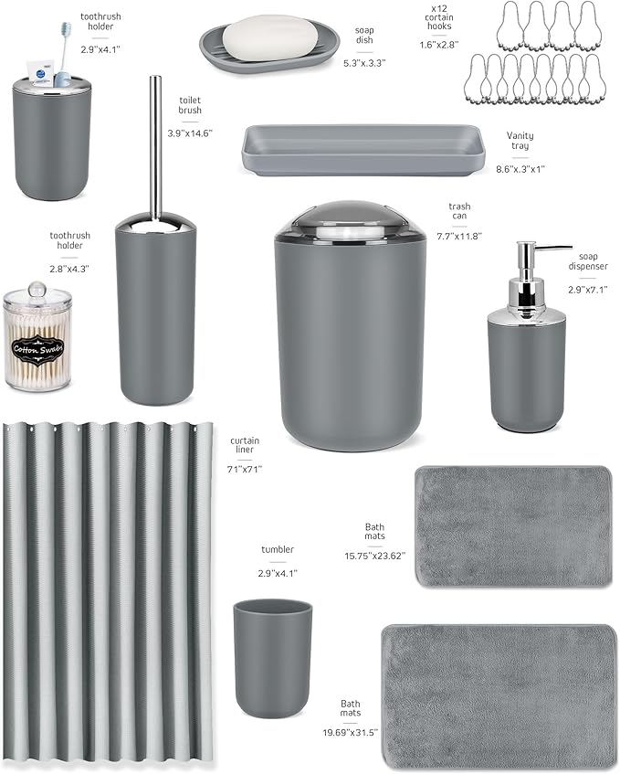 IMAVO Grey Bathroom Accessories,Non Slip Super Absorbent Rugs and Waterproof Shower Curtain with Hooks,Complete Bathroom Set for Bathroom Décor