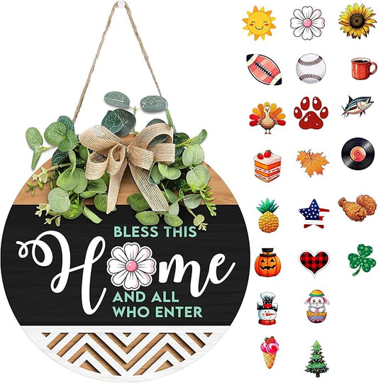 GOSSBY Interchangeable Welcome Sign for Front Door - BLESS THIS HOME - Seasonal Rustic Wood Wreath - Hanging Wall Sign Decoration for Outside, Porch, Farmhouse - New Home, Housewarming Gift