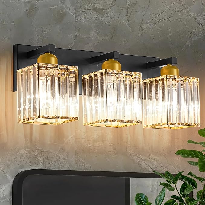 Black Gold 3-Crystal Bathroom Vanity Lights Bundle (Round + Square) - Over Mirror Makeup Lighting for Modern, Farmhouse Baths, Desks & Hallways