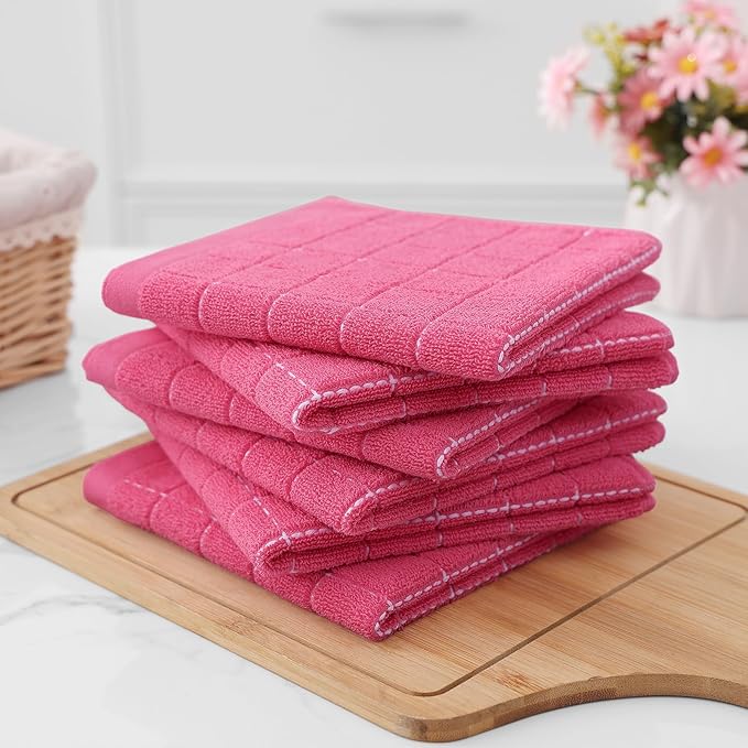 Homaxy 100% Cotton Terry Kitchen Dish Cloths, Ultra Soft and Absorbent Dish Towels for Kitchen, Suitable for Drying and Washing Dishes, 6 Pack, 12 x 12 Inches, Rose Red