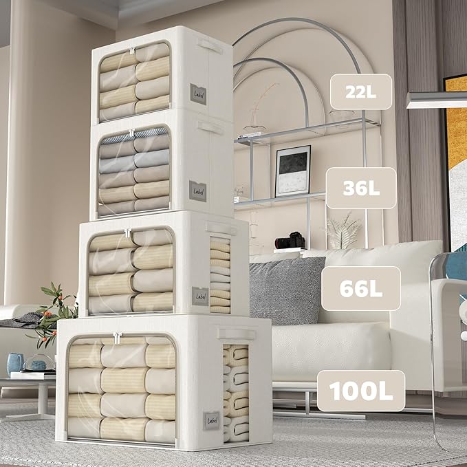 2 Pack Clear Window Storage Bins Large Stackable Linen Fabric Storage for Clothes Foldable Container Organizer Set with Carrying Handles (Lvory White, 15.7x 11.8x 7.8Inch)