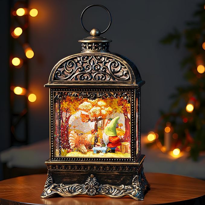 Fall Decor Snow Globe Lantern, Thanksgiving Decoration Swirling Glitter Gnome Snow Globe with Turkey, Harvest Day Gifts, Home Fall Halloween Decor