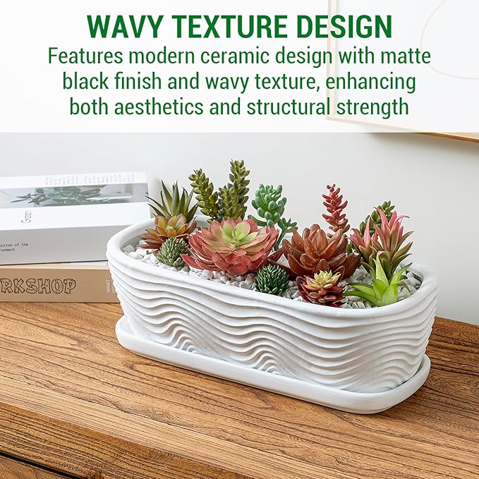 MyGift 13.5 inch Succulent Planter Pot, Oval Modern Ceramic Plant Box Container with Wave Textured Pattern and Removable Saucer Drip Tray (White)