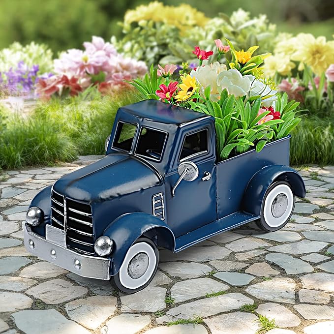 Farmhouse Blue Truck Tabletop Decor, Vintage Car Trucks Decorations for Indoor and Outdoor, Farm Pick-up Shelf Decors, Decorative Desktop Storage