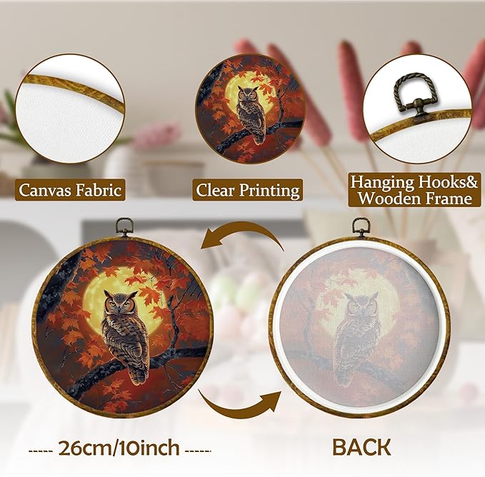 Mcehtle Moody Fall Owl Wall Art Decor, Mystical Owl Moon Autumn Spooky Woodland Scene Framed Canvas Prints 10x10, Rustic Cottagecore Nature Bird Round Wall Hanging Artwork Decorations for Gallery