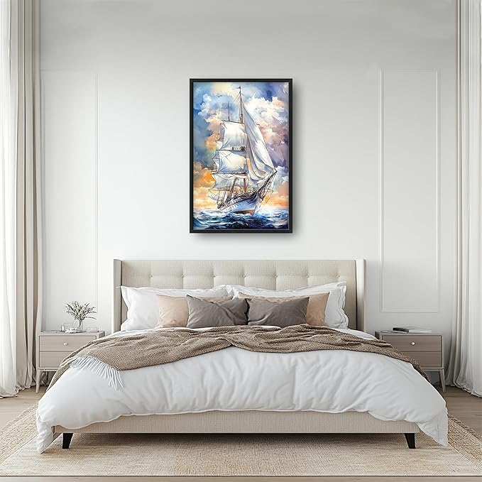 Lovira Nautical Sailboat Large Wall Art Sailing Ocean Coastal Canvas Wall Decor Seascape Pictures Prints Painting Framed Vertical Artwork for Living Room Bedroom Bathroom Kitchen Office 24"x36"