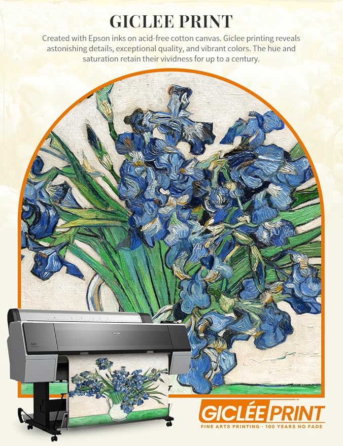 DECORARTS - Vase with Irises1889, Vincent Van Gogh Art Reproduction. Acid Free Cotton Canvas Giclee Print w/Bronze Frame&Mat for Wall Decor.