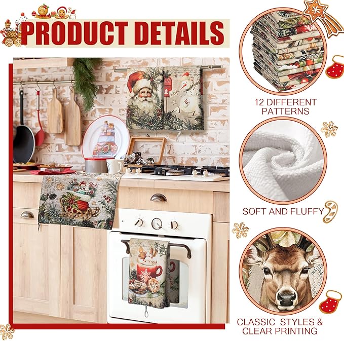 12 Pcs Christmas Kitchen Towels and Dishcloths Absorbent Christmas Tree Reindeer Truck Hand Dish Towels Decoration for Xmas Home Gift Supplies, 14.2 x 21.3 Inch(Retro Style)