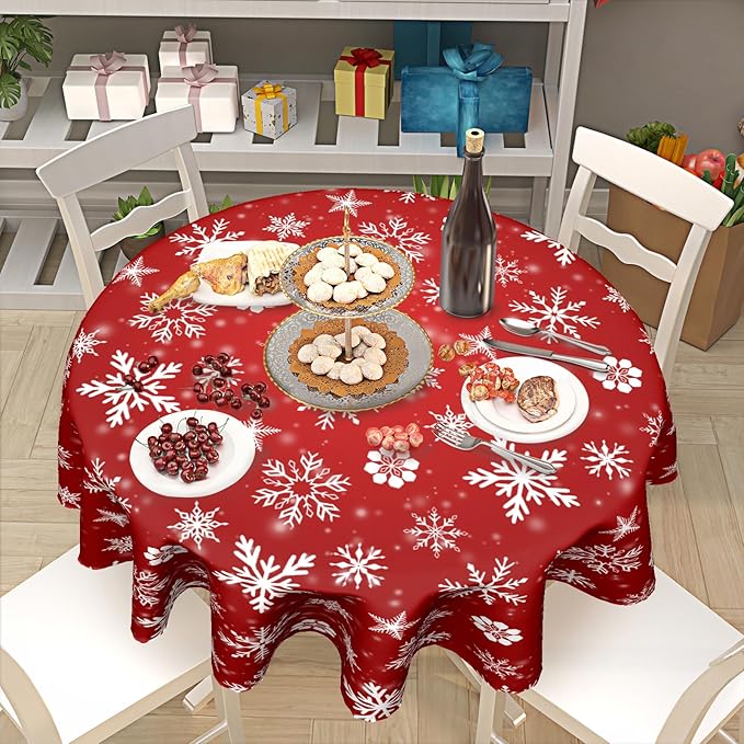 Merry Christmas Round Tablecloth 60 Inch Winter Red White Snowflakes Round Tablecloth for Christmas Washable Xmas Table Cloth for Home Kitchen Dining Room Patio Picnic Party Indoor Outdoor Decor